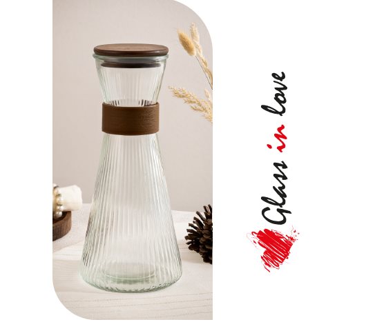 Ahşap Halkalı Gravürlü Cam Sürahi ~1000 cc