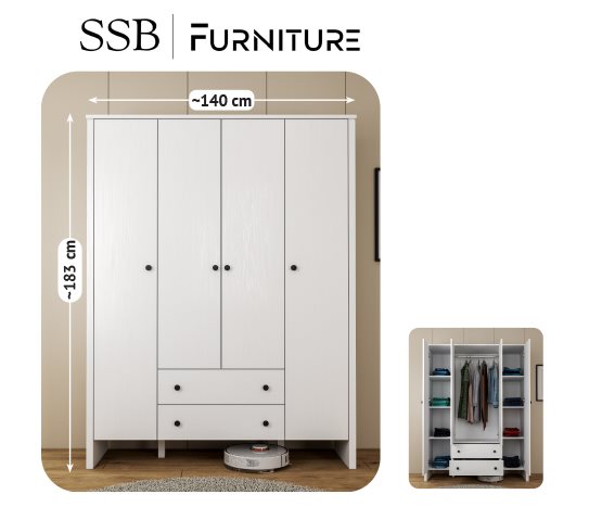 Rose 4 Kapaklı 2 Çekmeceli Gardırop