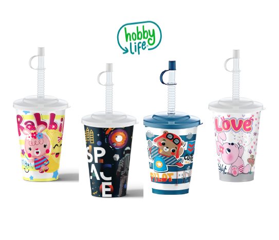 Kapaklı Desenli Pipetli Bardak