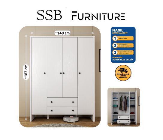 Rose 4 Kapaklı 2 Çekmeceli Gardırop