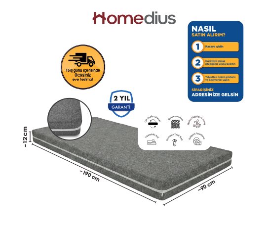 HOMEDIUS ECOSLEEP TEK KİŞİLİK KILIFLI SÜNGER YATAK
