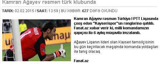 Kaleci Agayev Transferi Azeri Basınında Geniş Yer Buldu