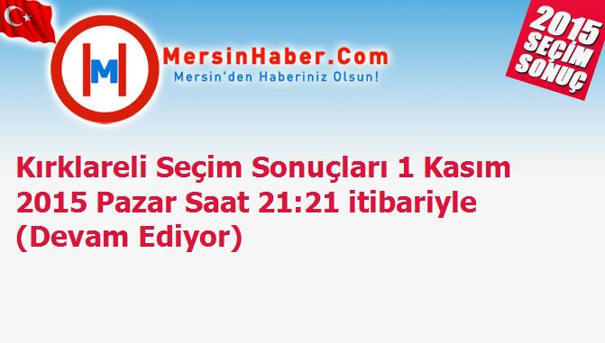 Kırklareli Seçim Sonuçları 1 Kasım 2015 Pazar Saat 21:21 itibariyle (Devam Ediyor)
