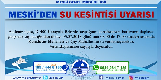 MESKİ’den Bazı Mahallerinde Su Kesintisi Uyarısı