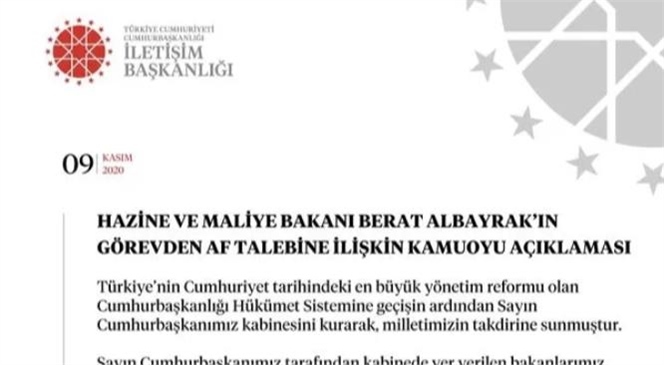 Berat Albayrak’ın İstifa Paylaşımının Ardından İletişim Başkanlığı Duyurdu: Berat Albayrak'ın Görevden Af Talebi Kabul Edilmiştir.