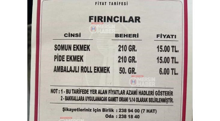 Mersin’de Ekmek 13 Eylül’den İtibaren Yeni Fiyatla Satılacak
