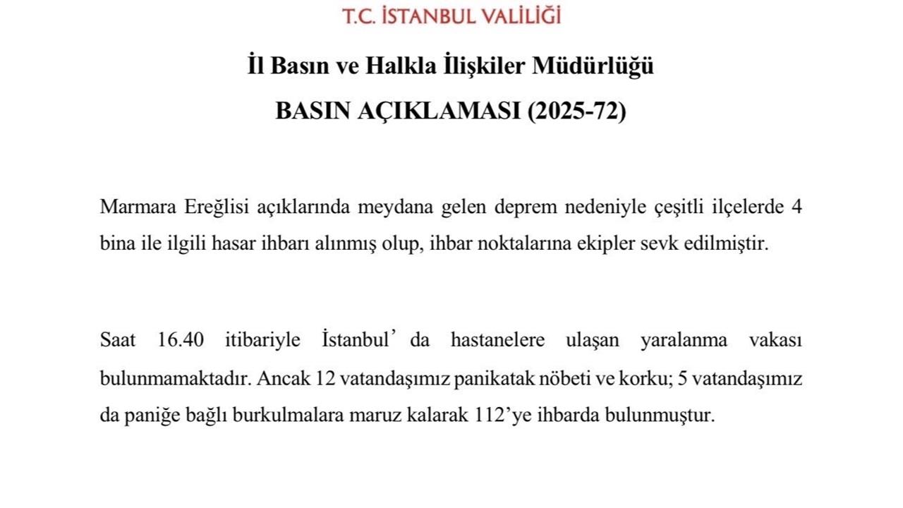 İstanbul'da Deprem Sonrası Hasar İhbarı: 4 Bina Tespit Edildi