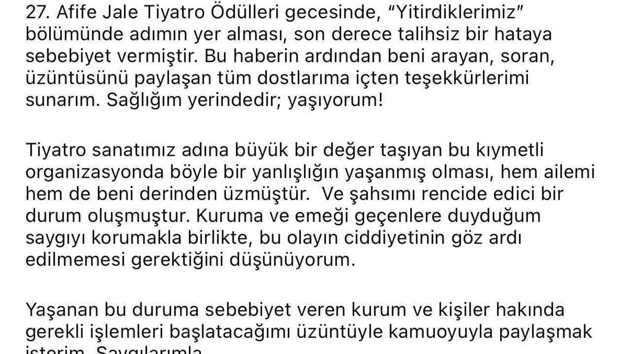 İstanbul'da Tiyatro Gecesinde Şok Hata: Alper Atak Hayatta Anıldı