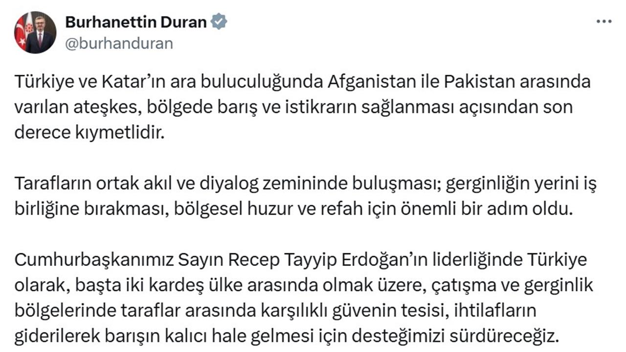 Burhanettin Duran'dan Afganistan-Pakistan Ateşkesi Açıklaması