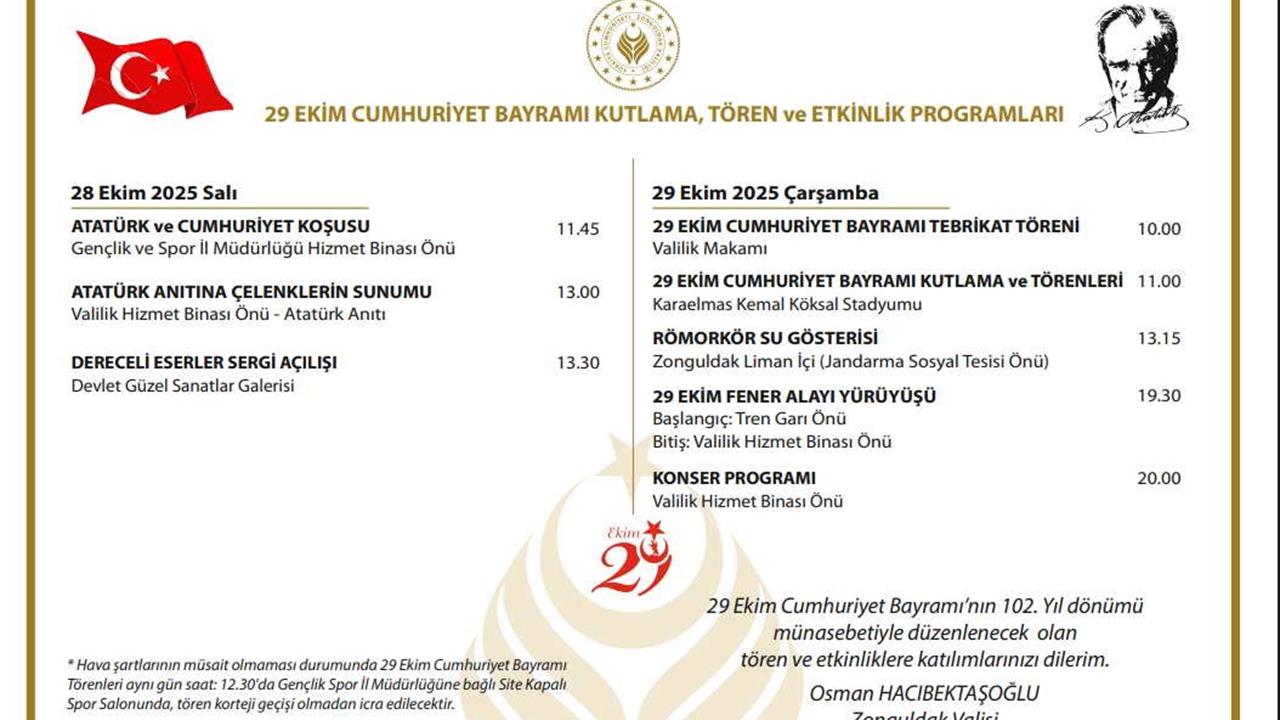 Zonguldak Merkez'de 29 Ekim Cumhuriyet Bayramı Kutlama Programı Duyuruldu