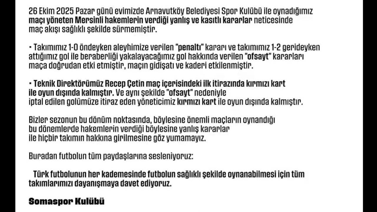 Manisa Somaspor, Arkent Arnavutköy Maçında Hakem Kararlarına Tepki Gösterdi