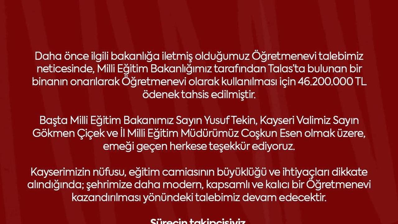 MHP'li Ersoy, Kayseri Talas'ta Öğretmenevi İçin Ödenek Sağlandığını Duyurdu