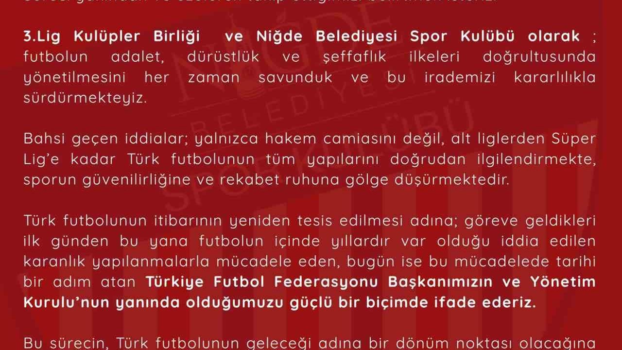 Niğde'de Belediyespor, TFF Başkanı Hacıosmanoğlu'nun Açıklamalarına Destek Verdi