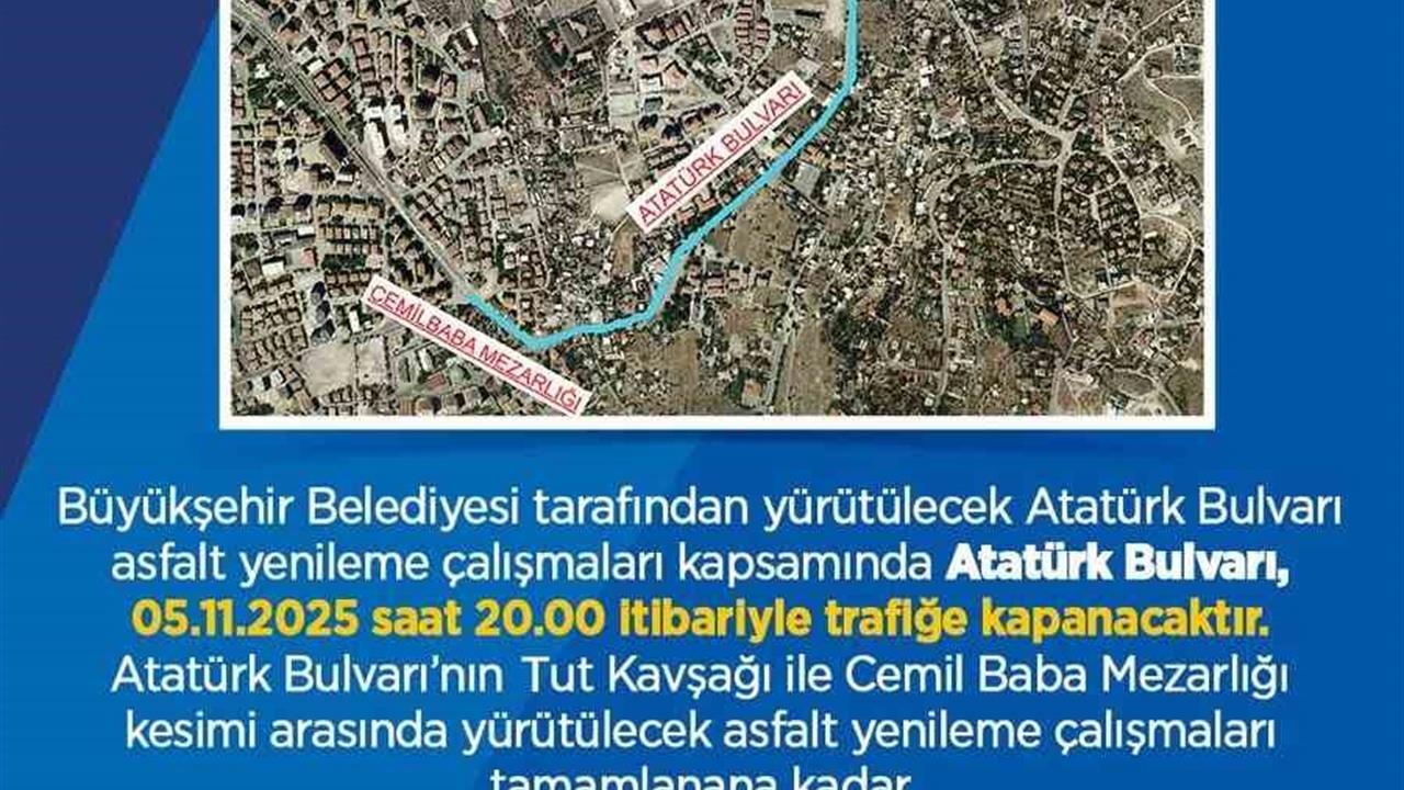 Kayseri'de Atatürk Bulvarı'nda Asfalt Yenileme Çalışmaları Başlıyor