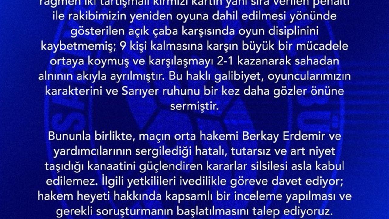 Sarıyer, Vanspor Maçındaki Hakem Heyeti İçin Soruşturma İstedi