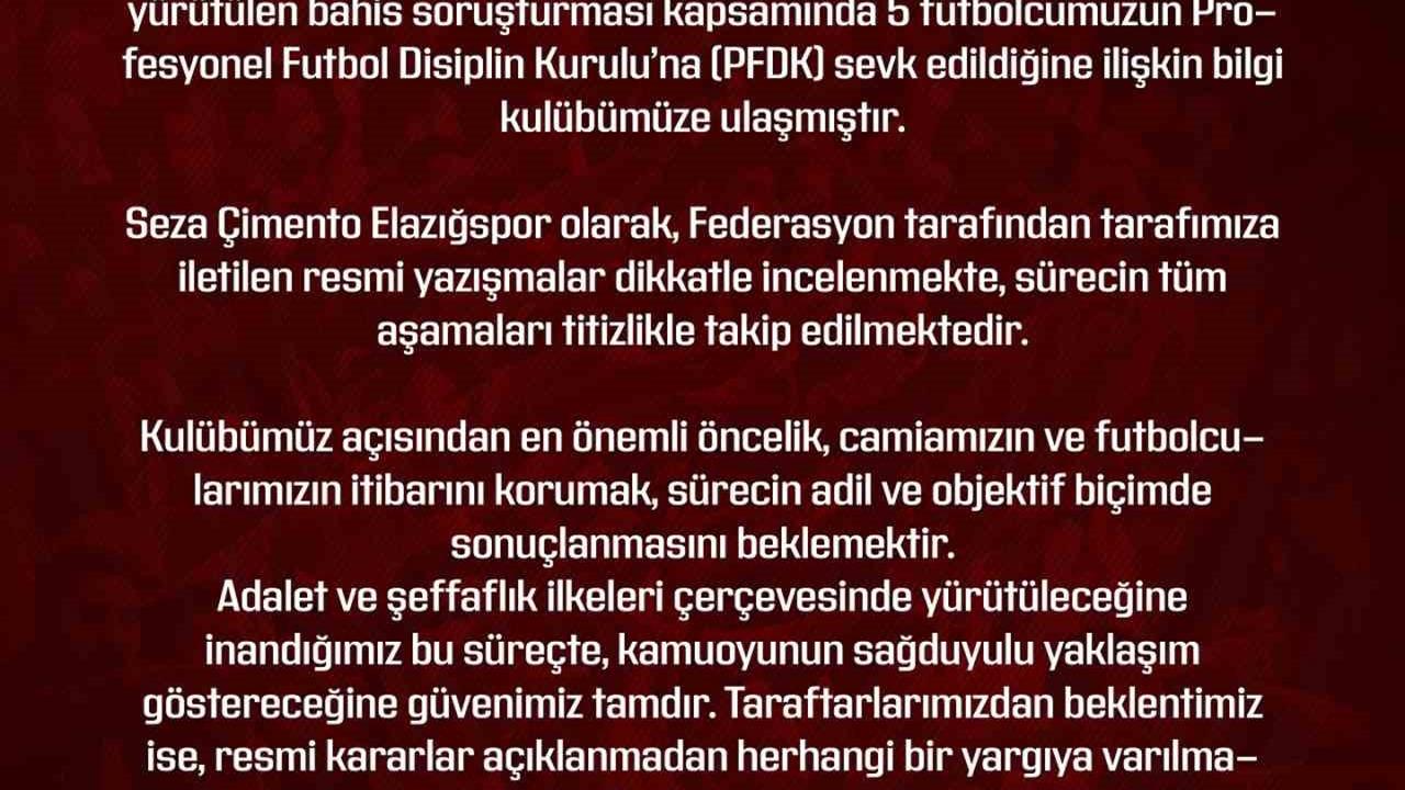 Elazığspor'dan 5 Futbolcu PFDK'ya Sevk Edildi Açıklaması Yapıldı