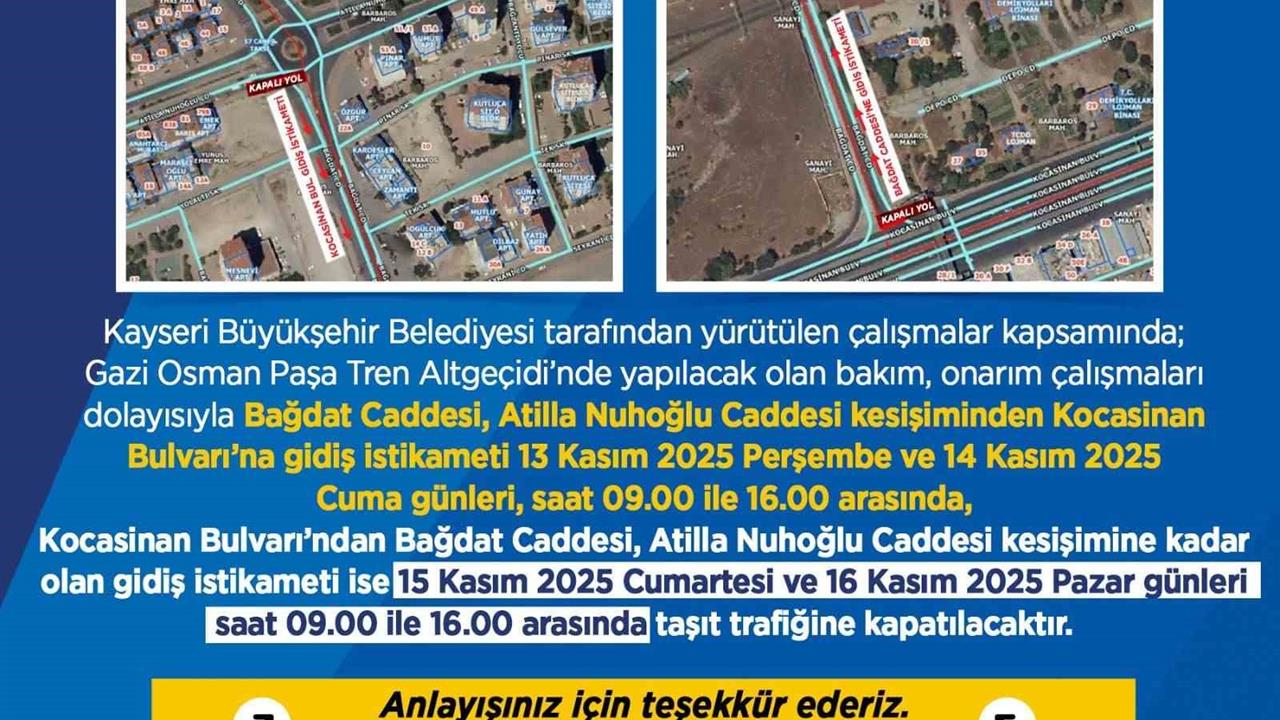 Kayseri'de Gazi Osman Paşa Tren Altgeçidi'nde Onarım Çalışmaları Yapılacak