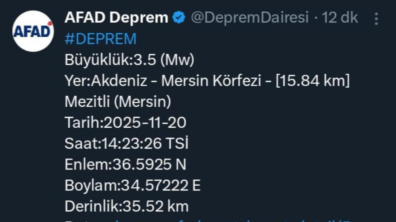Mersin'de 3.5 Büyüklüğünde Deprem Meydana Geldi, Can ve Mal Kaybı Yok