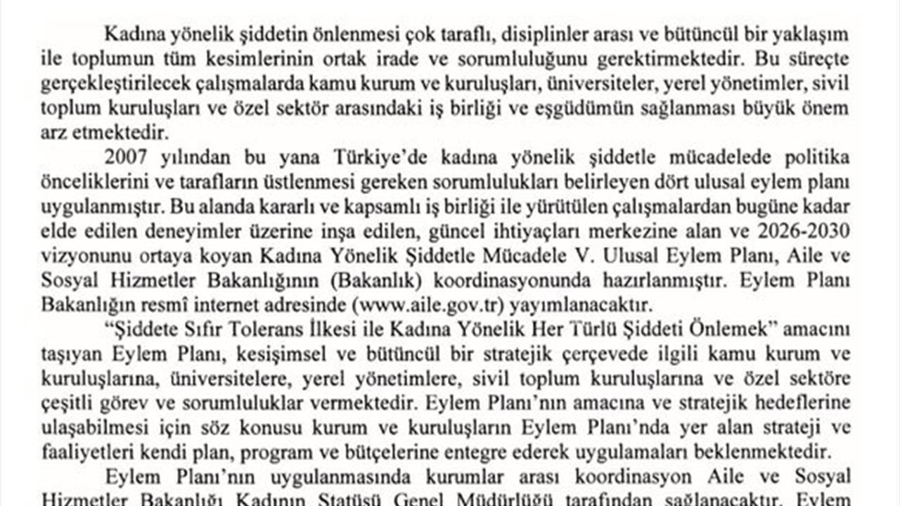 Ankara'da Kadına Yönelik Şiddetle Mücadele 5’inci Ulusal Eylem Planı Resmi Gazete'de yayımlandı.