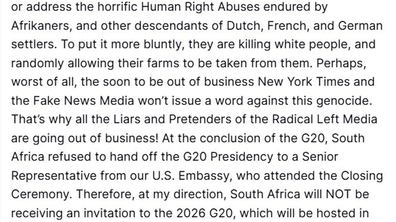 ABD Başkanı Trump, Miami'deki 2026 G20 Zirvesi'ne Güney Afrika'nın davet edilmeyeceğini açıkladı.
