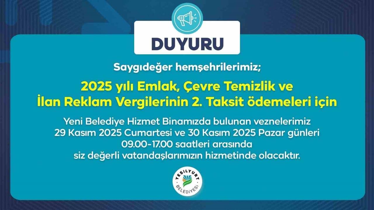 Malatya Yeşilyurt Belediyesi Vezneleri Hafta Sonu Hizmet Verecek