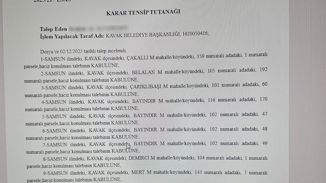 Samsun Kavak Belediyesi'ne ait 10 taşınmaza haciz kararı verildi.