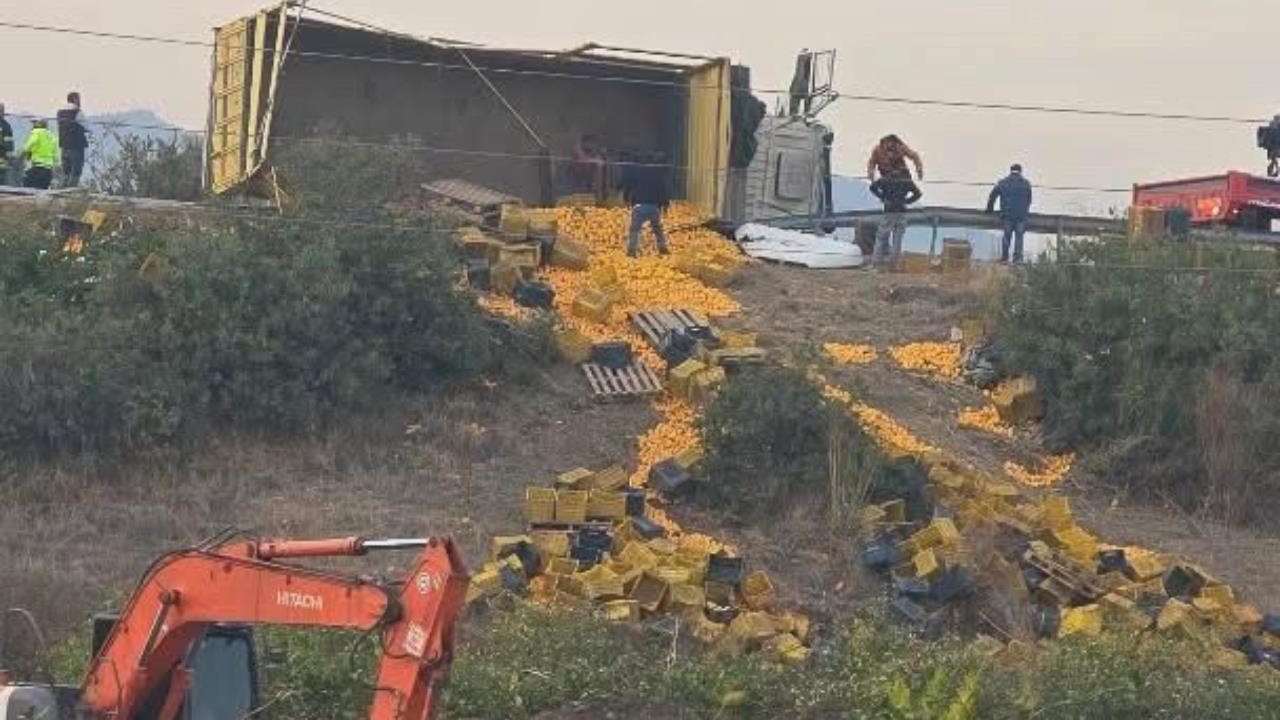 Otoyol Çeşmeli Çıkışında Kaza: Narenciye Yüklü Kamyon Devrildi, Yol Narenciye Bahçesine Döndü