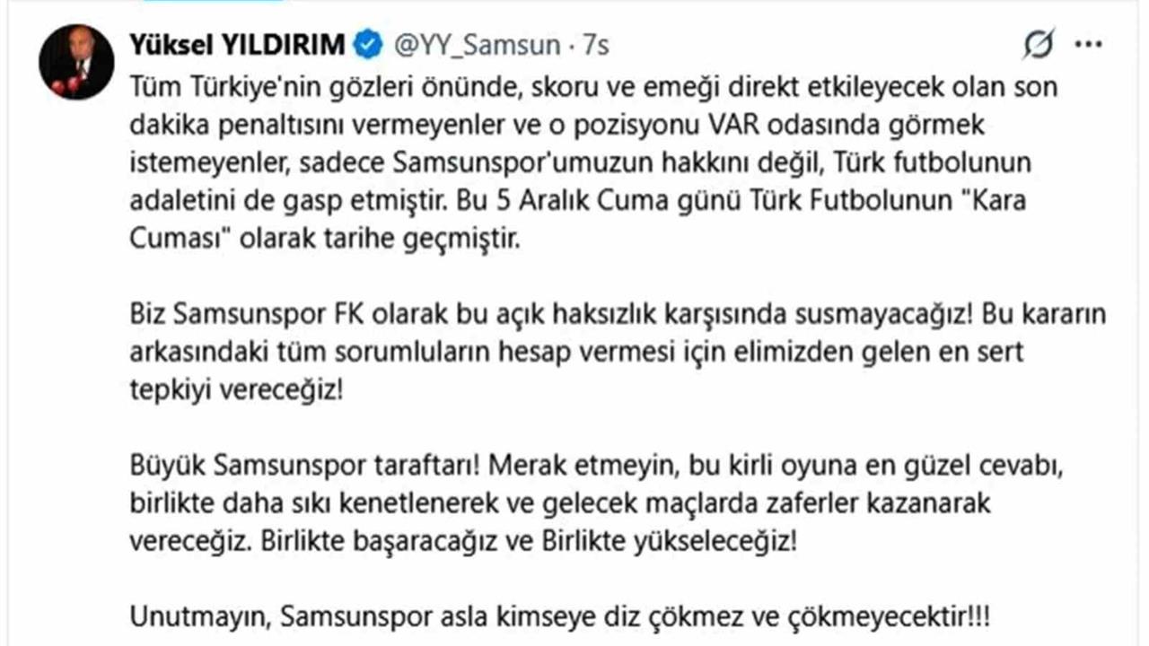 Samsunspor Başkanı Yüksel Yıldırım, Galatasaray maçının ardından açıklamalarda bulundu.