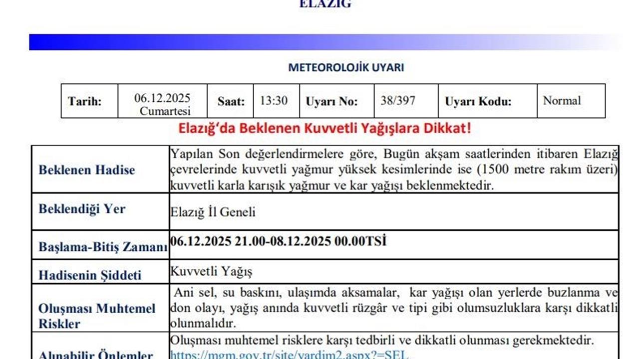 Elazığ, Malatya, Adıyaman, Bingöl ve Tunceli İçin Kuvvetli Yağış Uyarısı Yayınlandı