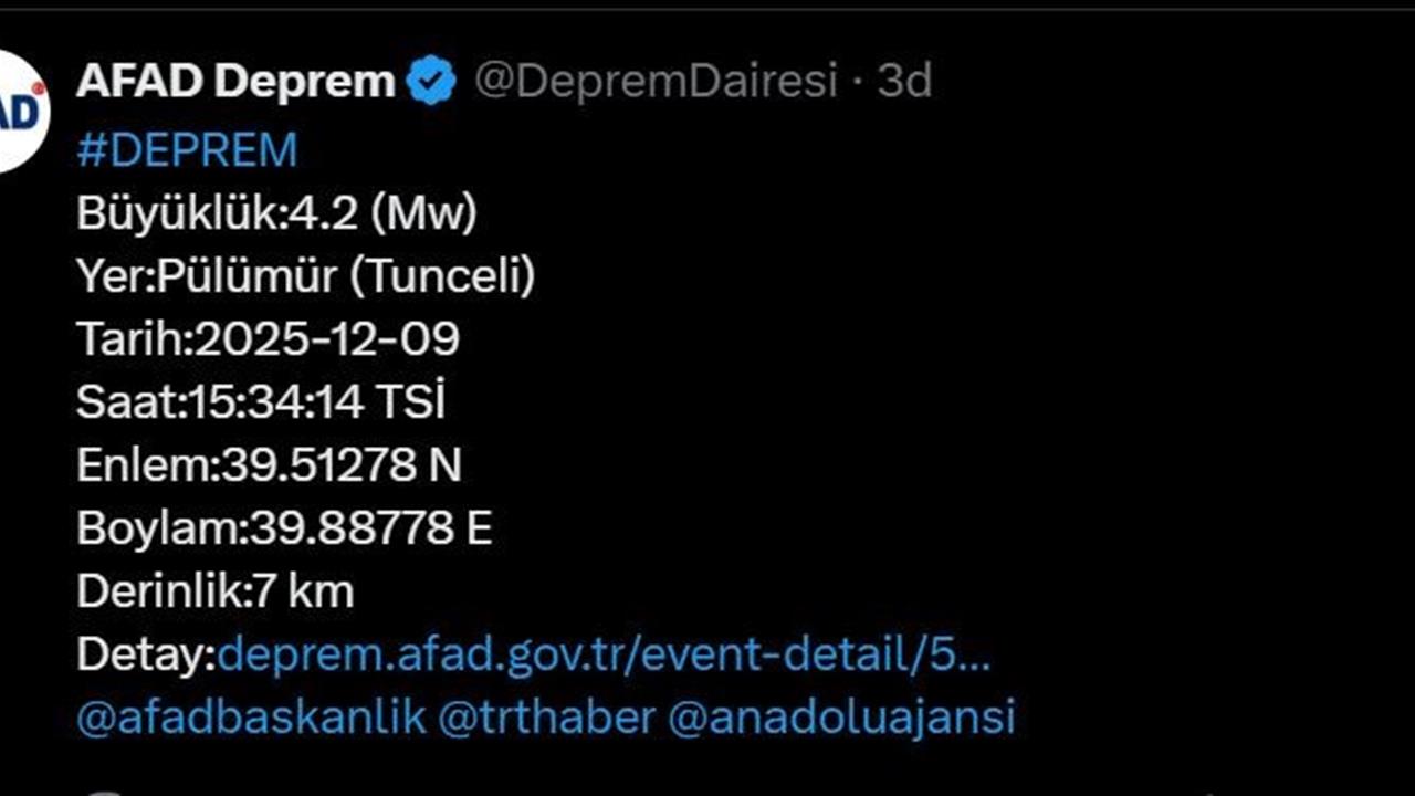 Tunceli Pülümür'de 4.2 Büyüklüğünde Deprem Gerçekleşti, Olumsuz Bir Durum Yok
