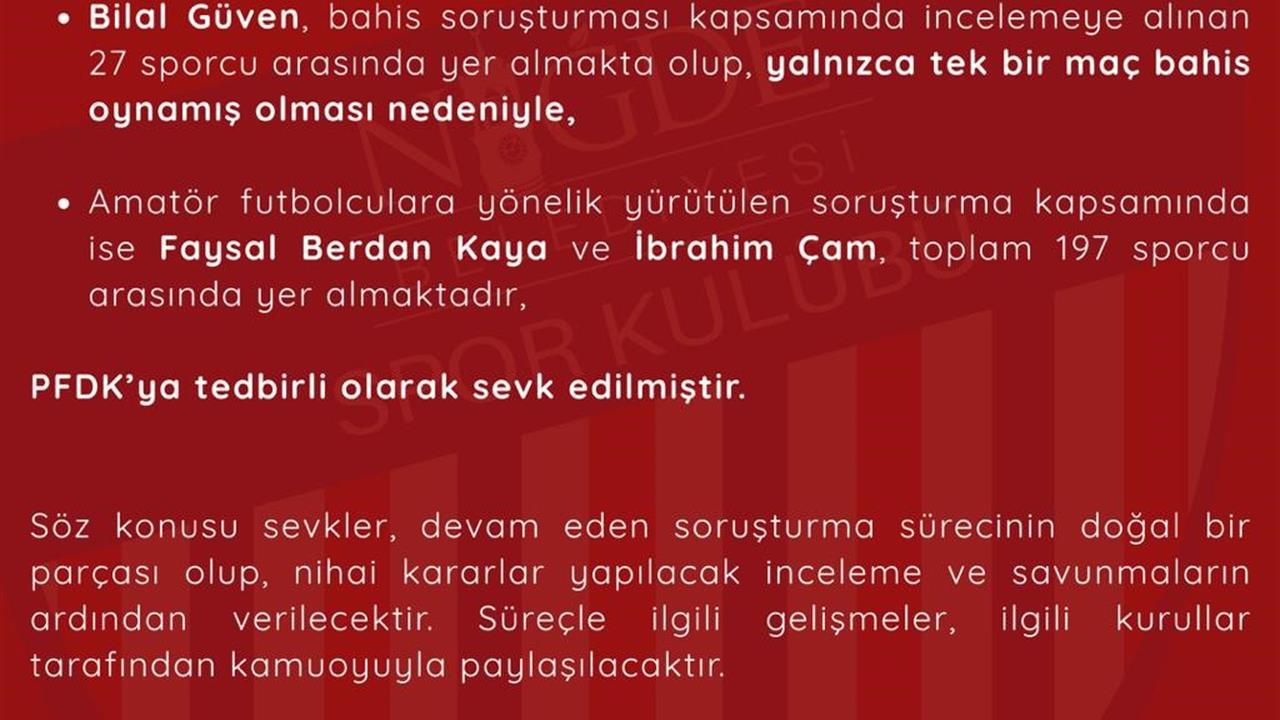 Niğde Belediyespor, Bahis Soruşturması Kapsamında Açıklama Yaptı